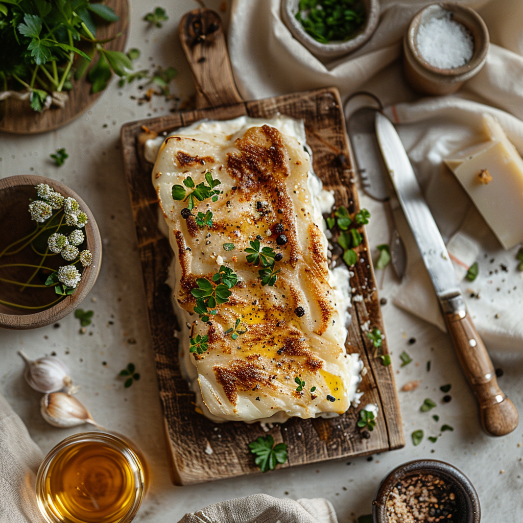 Top-down view of a beautifully styled dish of c0zsqavjfns on a light wooden board.