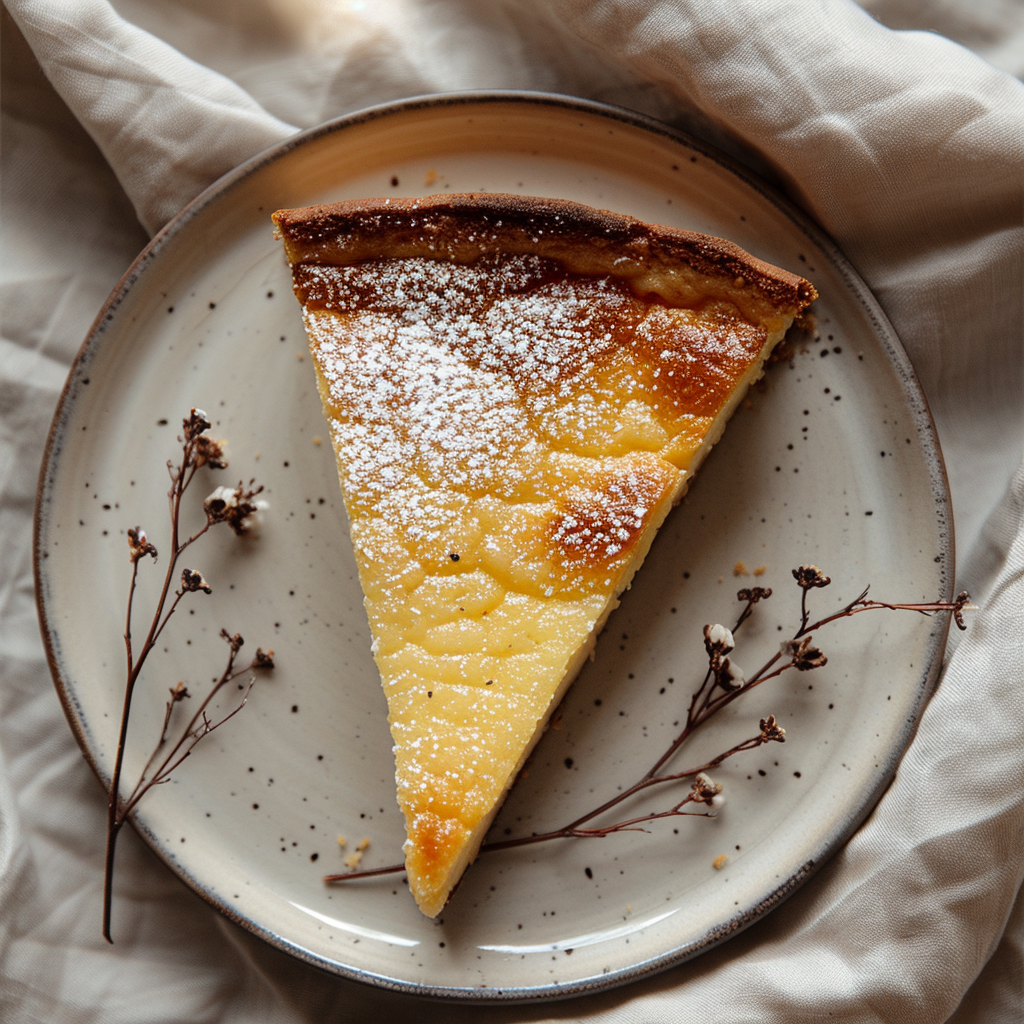 A top-down view of a perfect slice of recipe name on a light grey ceramic plate.