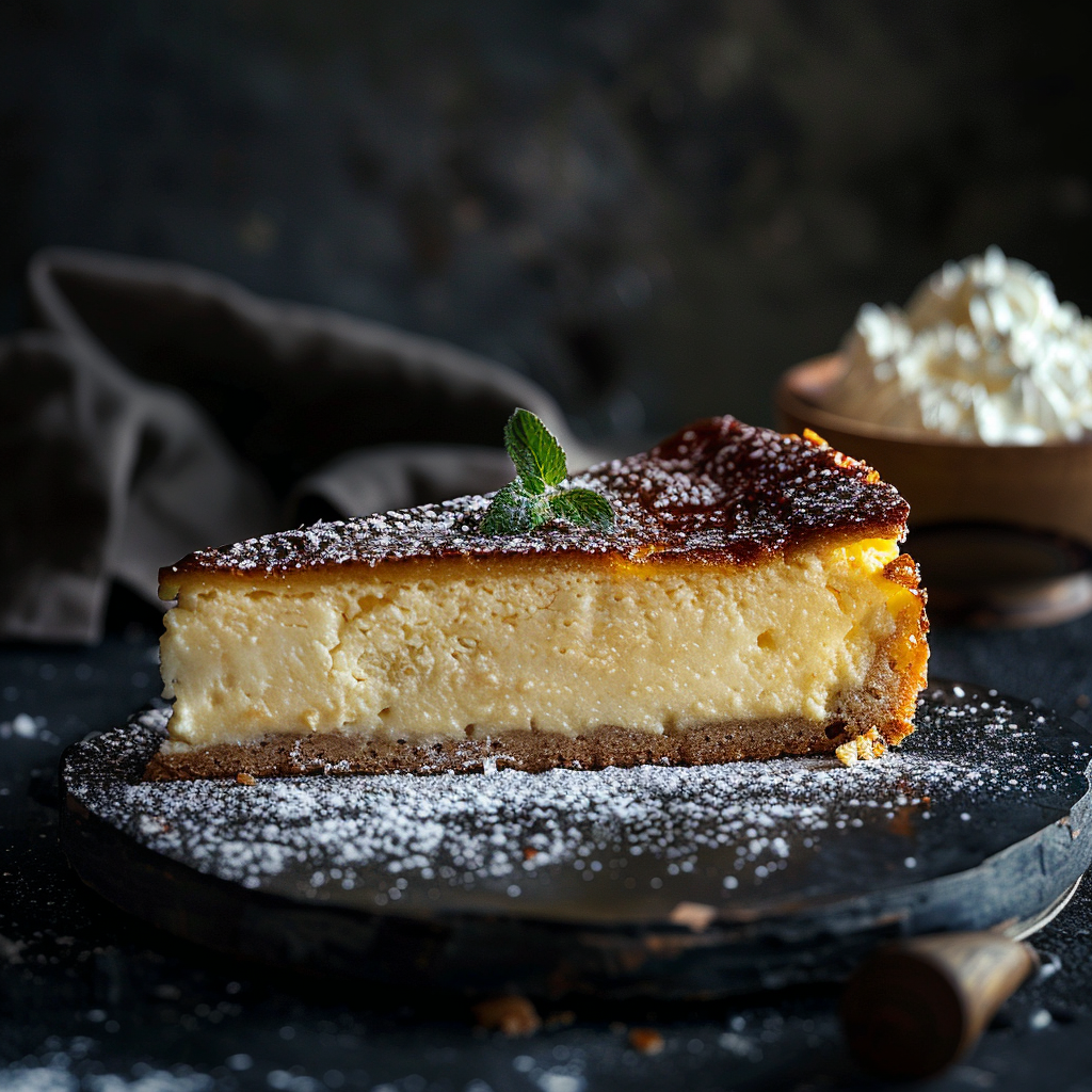 A perfectly sliced piece of recipe name on a dark stone surface with dramatic side-lighting.