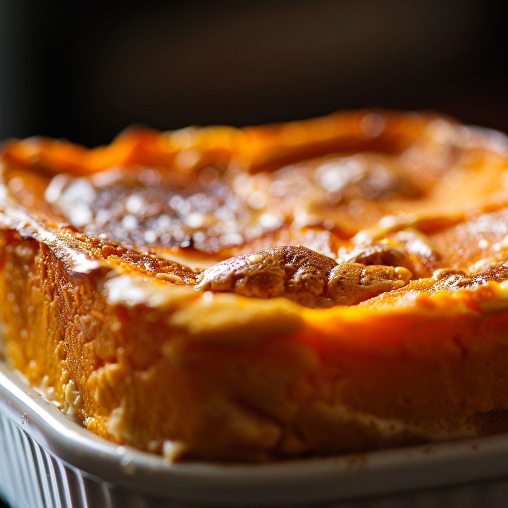 Close-up of a light and fluffy French Sweet Potato Soufflé in a ramekin, showcasing its golden-brown top.