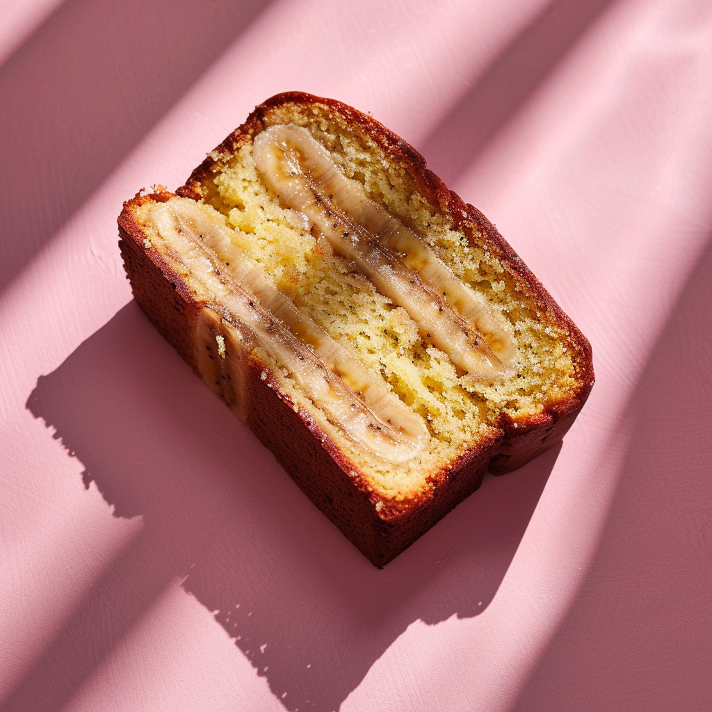 A top-down view of a perfectly sliced banana bread made from yellow cake mix, displayed on a pale pink background.