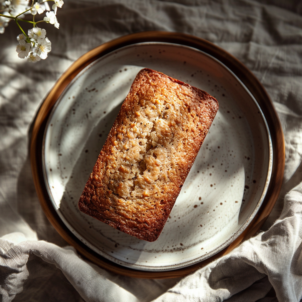 Top-down view of a slice of vegan banana bread on a light grey ceramic plate.