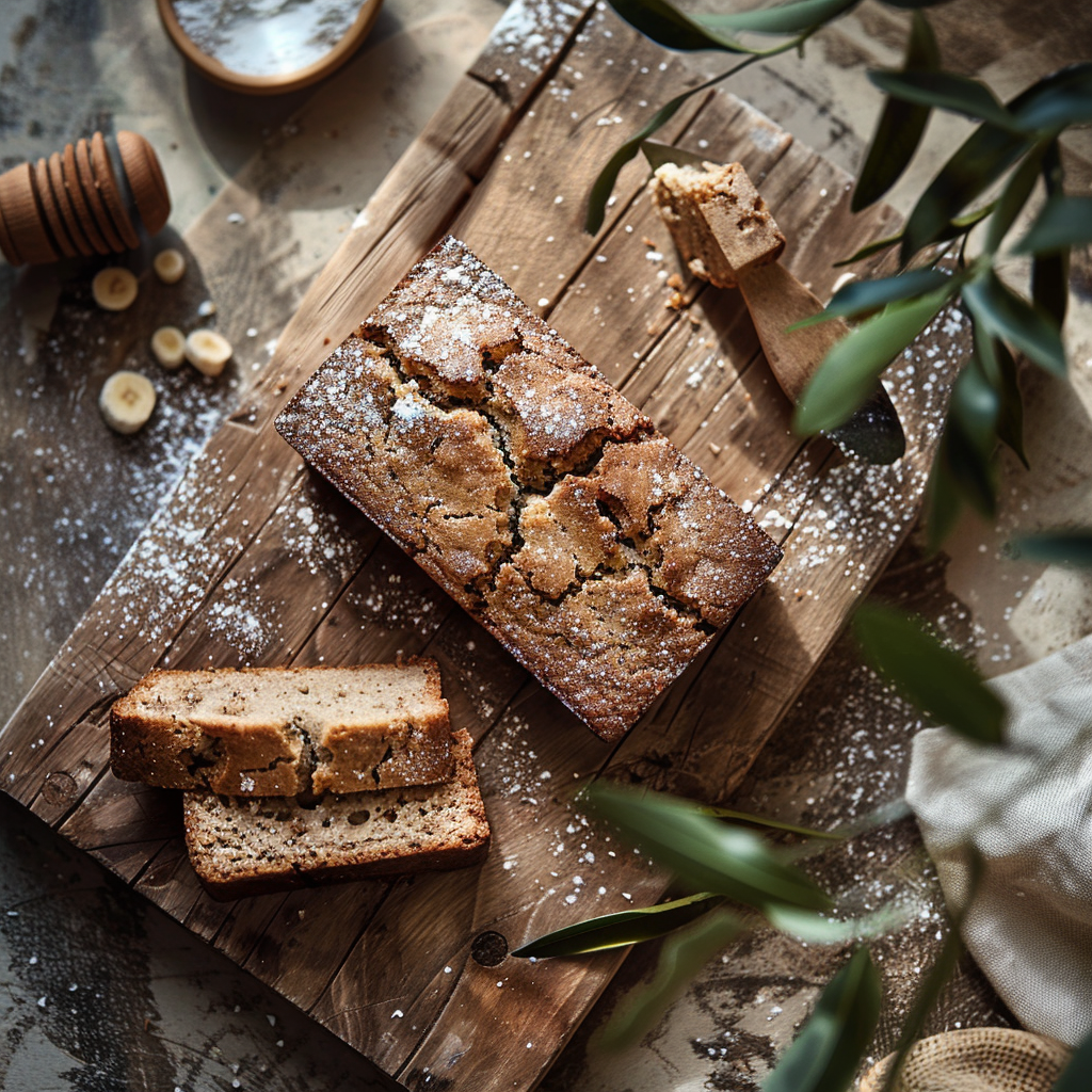 Top view of a slice of easy vegan banana bread on a light wooden board.