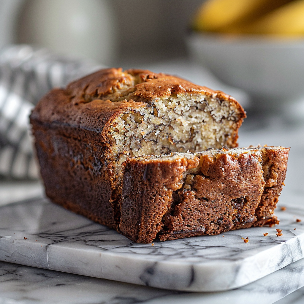 Close-up of a slice of moist banana bread on a white marble countertop.
