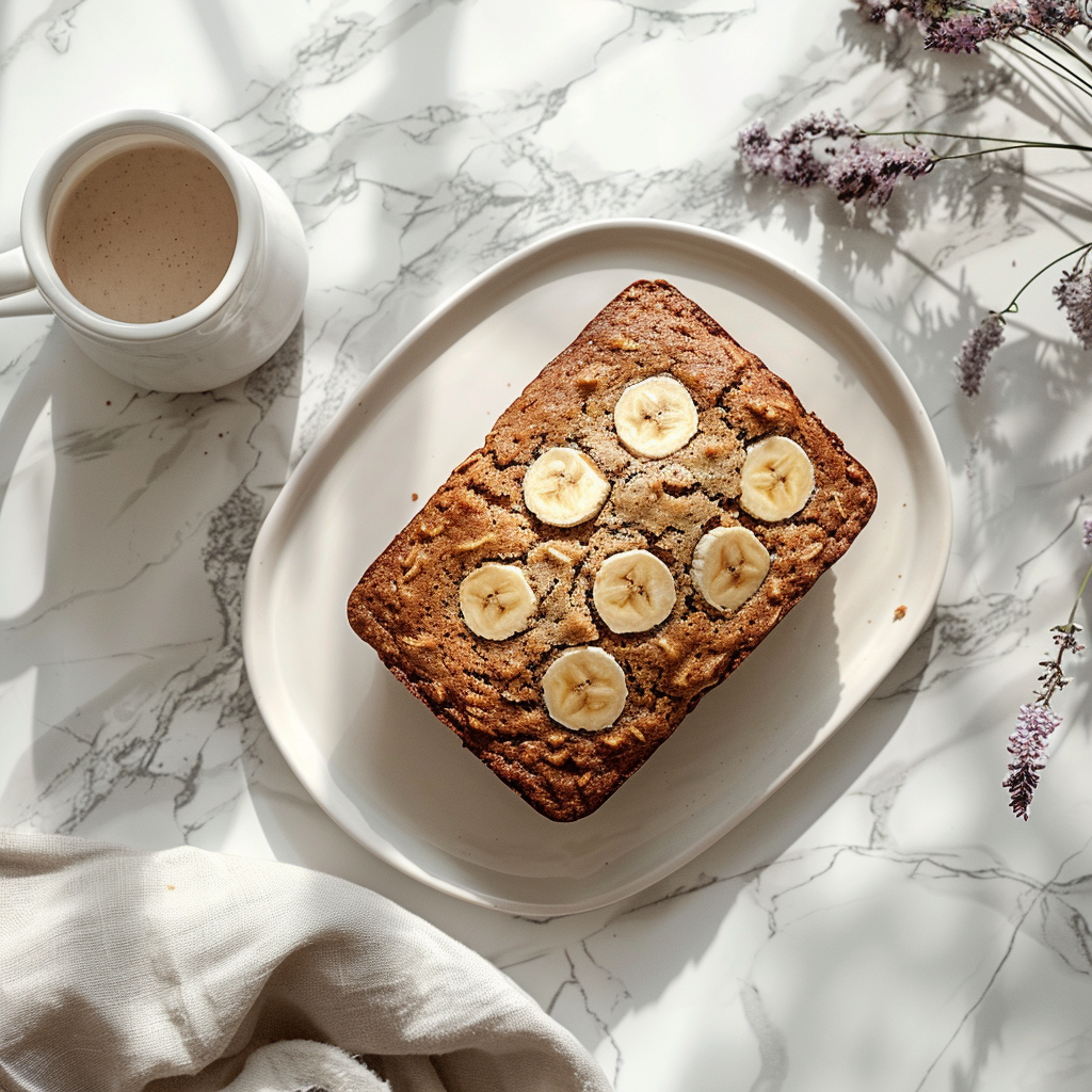 Top view of a slice of easy banana bread on a marble countertop, surrounded by natural light.