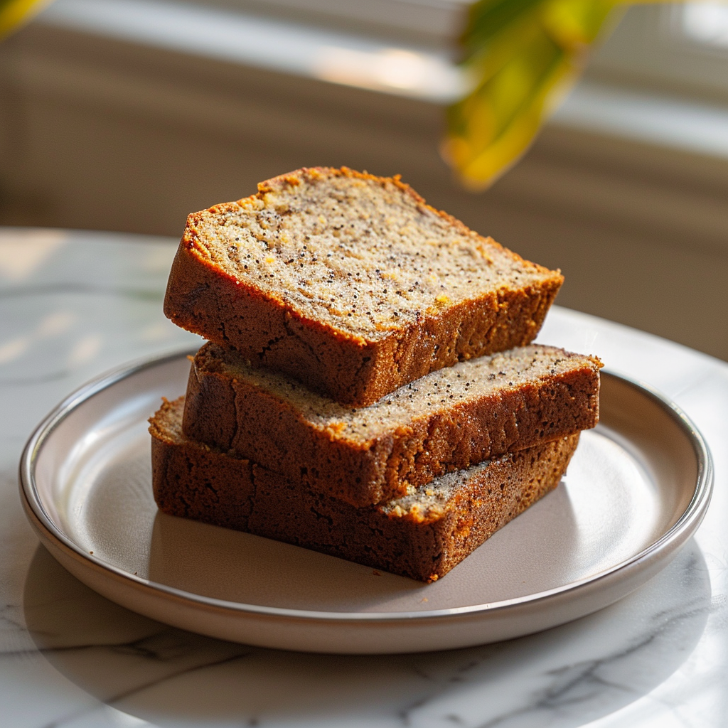 A slice of moist banana bread made with two bananas, served on a light grey ceramic plate.