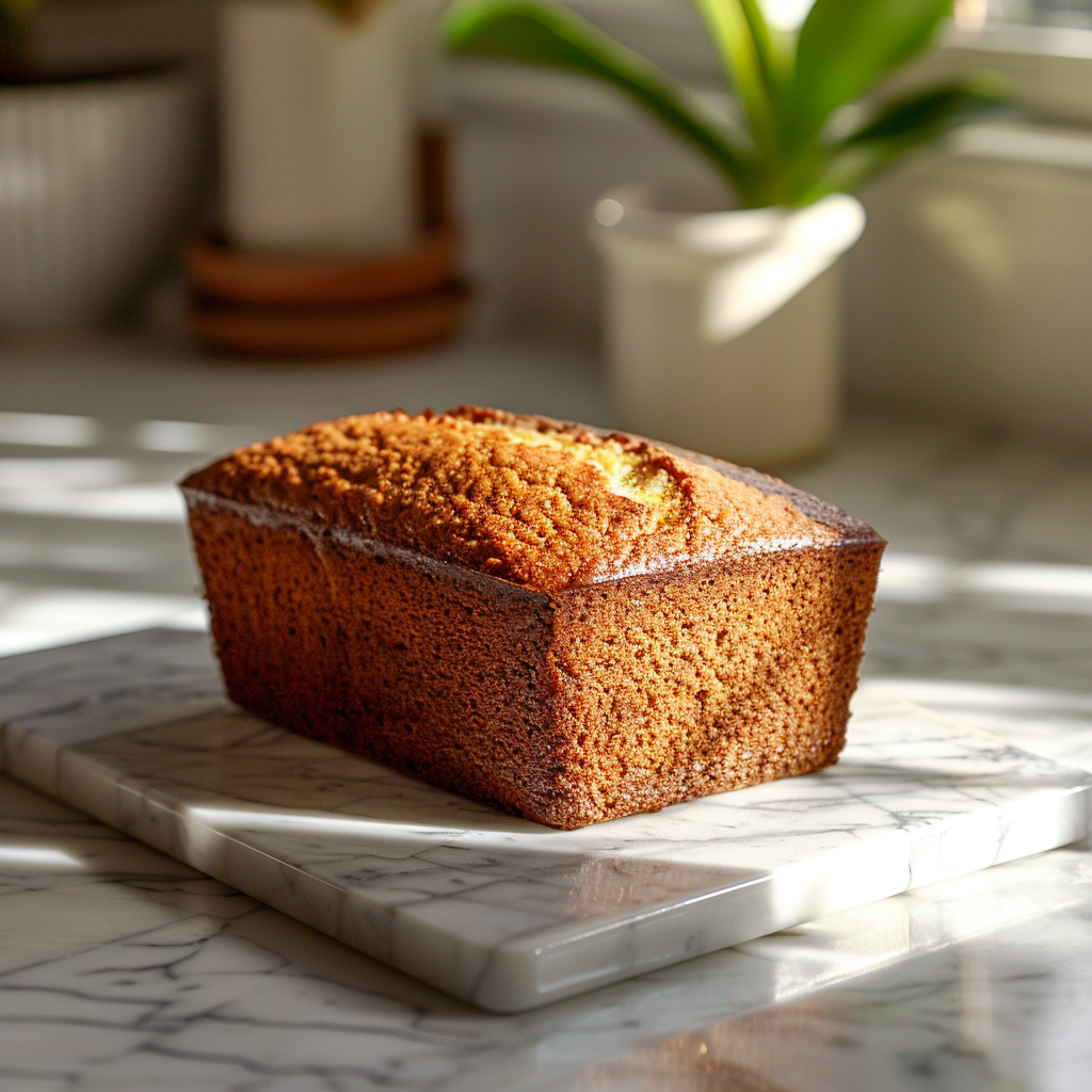 A slice of buttermilk banana bread on a white marble countertop, illuminated by natural light.