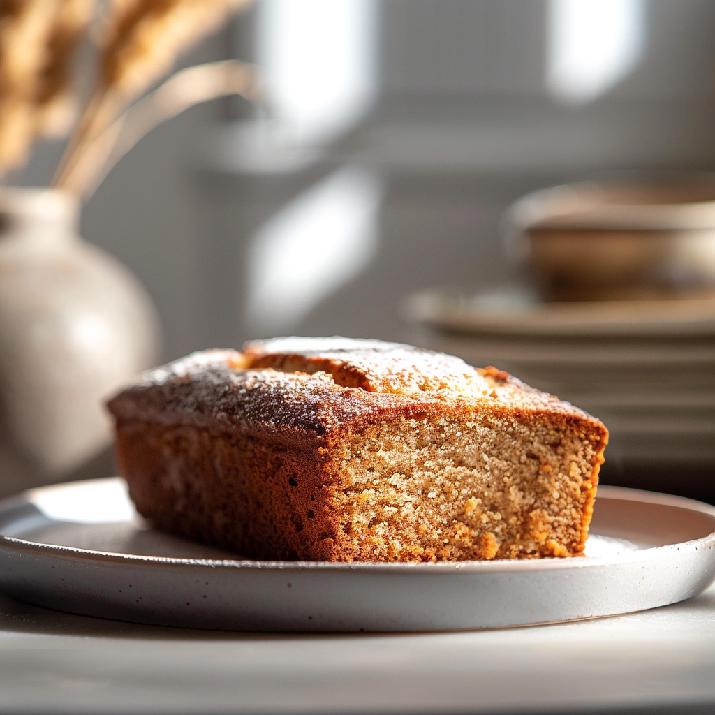 A slice of buttermilk banana bread on a light grey ceramic plate, illuminated by natural light.