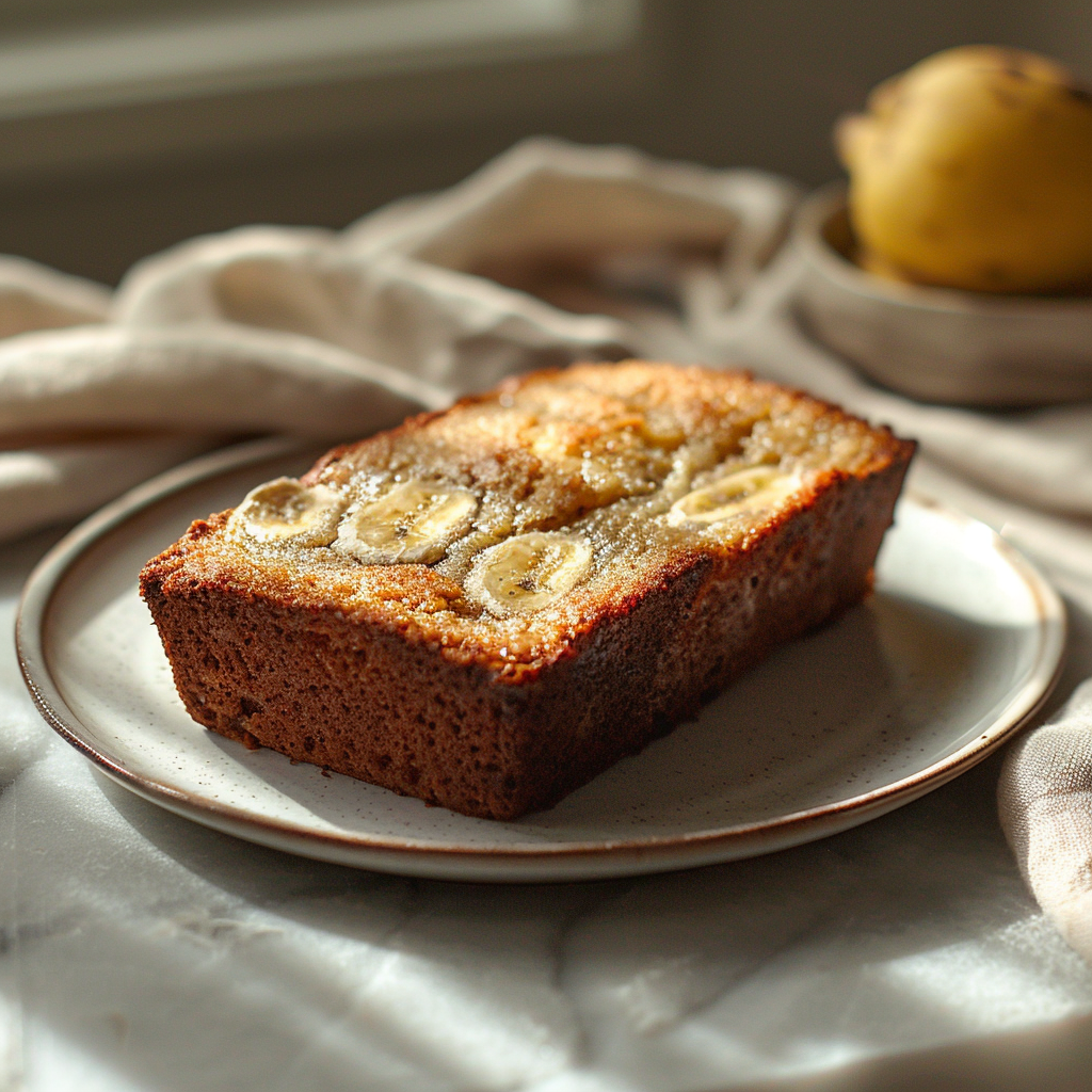 Close-up of a slice of buttermilk banana bread on a light grey plate.