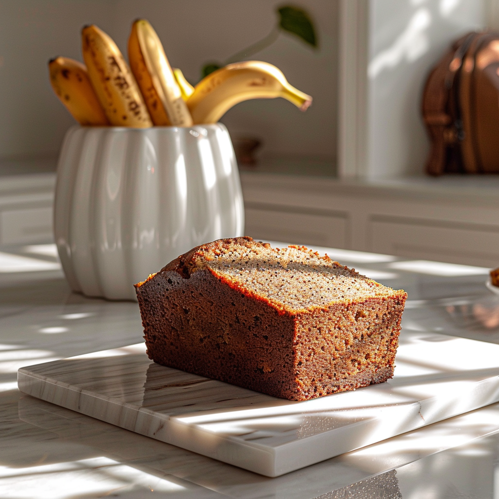 A beautifully styled slice of banana bread on a white marble countertop, illuminated by natural light.