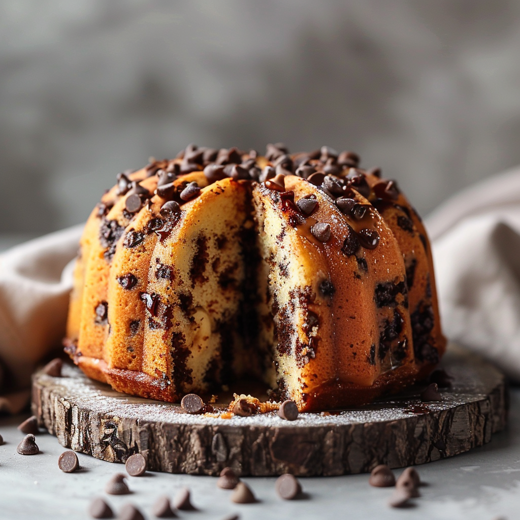 A close-up slice of chocolate chip banana bundt cake, showcasing a moist crumb and rich chocolate chips, presented on a light wooden board.