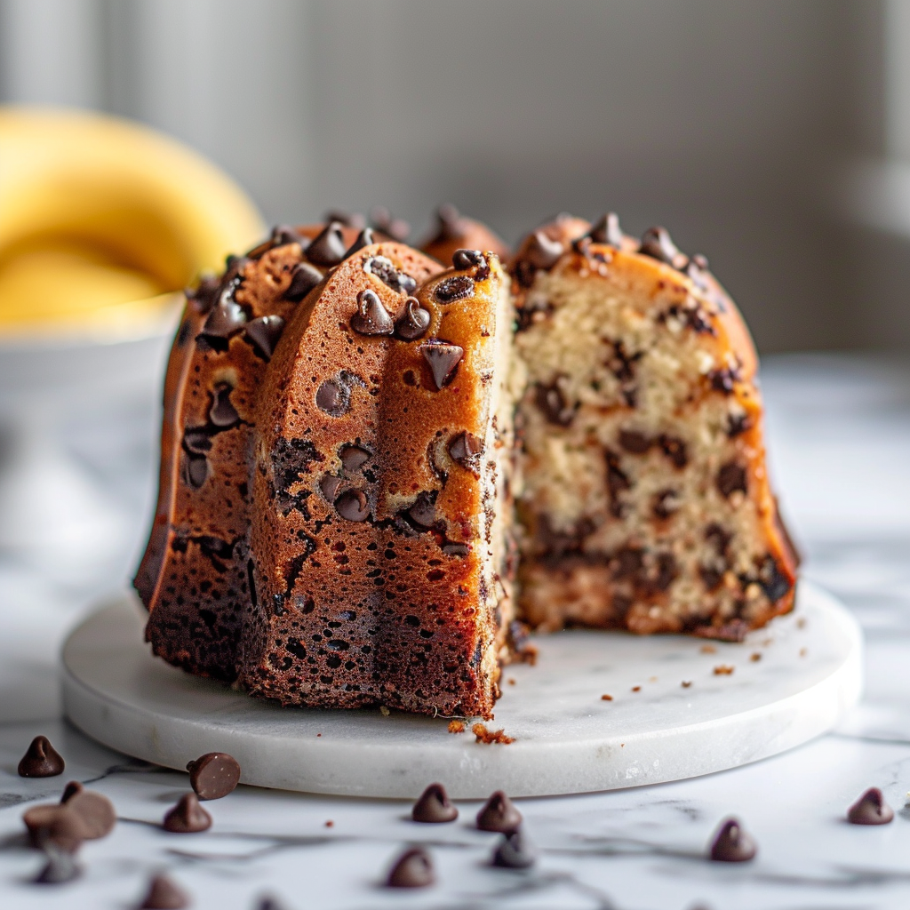 A close-up slice of chocolate chip banana bundt cake on a marble countertop.