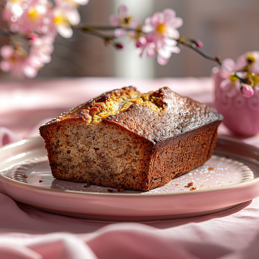 A slice of moist buttermilk banana bread on a pale pink surface, well-lit and elegantly styled.