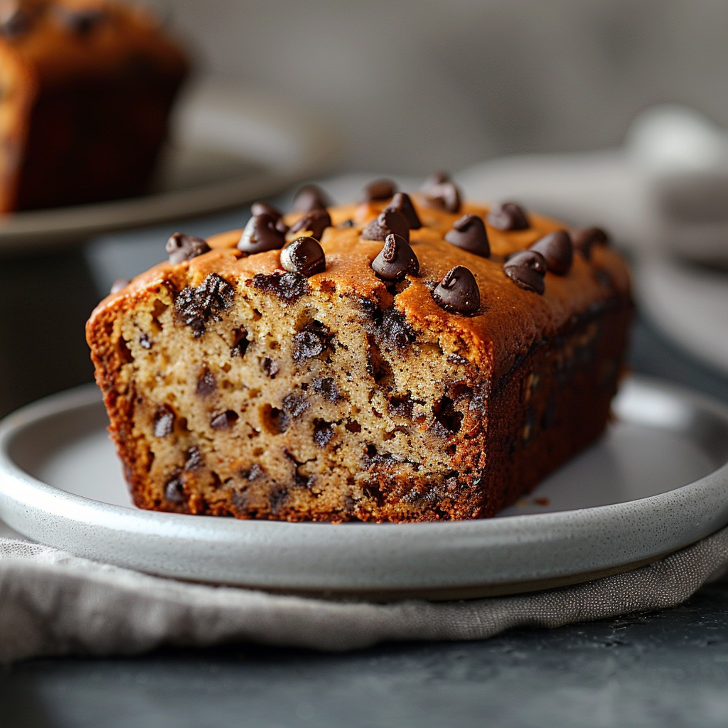 A slice of moist chocolate chip banana bread on a light grey plate.
