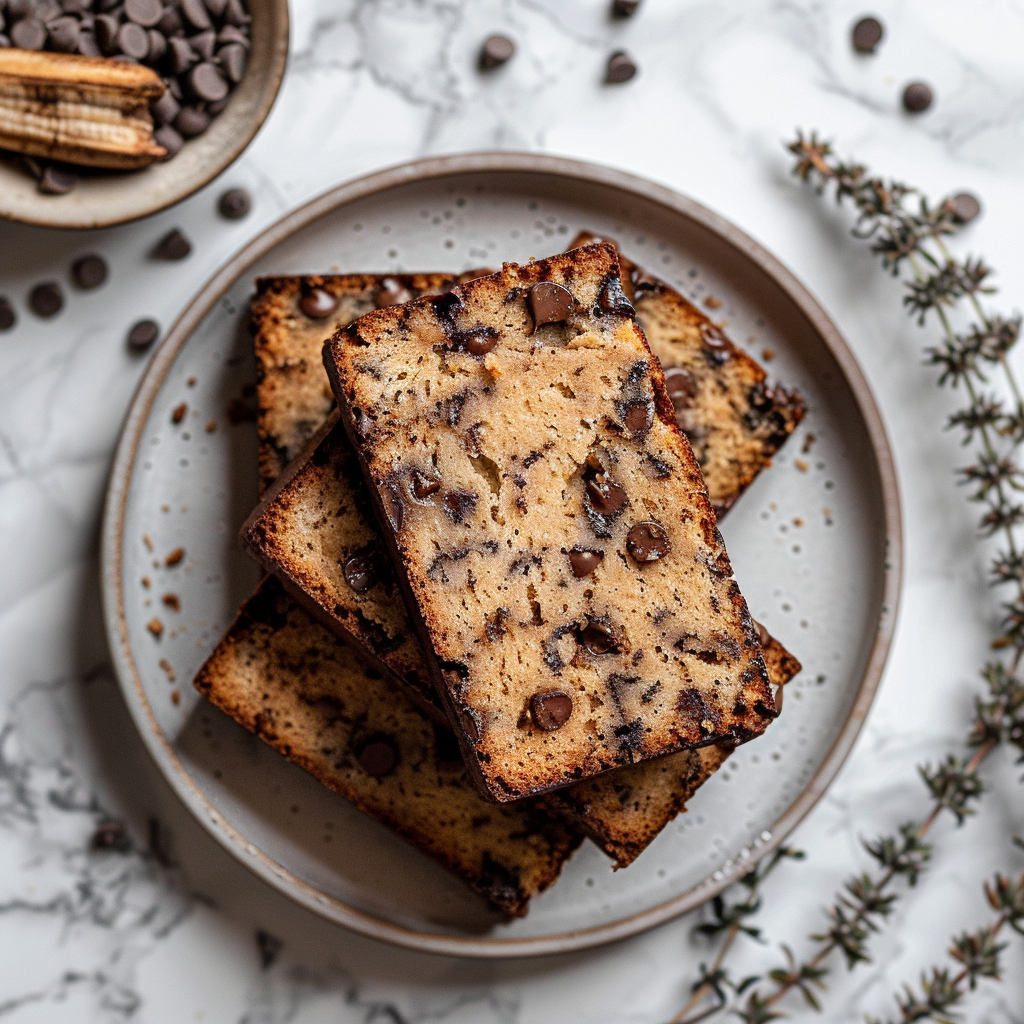 A top-down view of mini loaves of chocolate chip banana bread on a light grey plate.