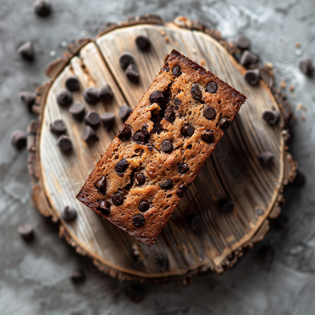 Top-down view of mini chocolate chip banana bread on a light-washed wooden board.