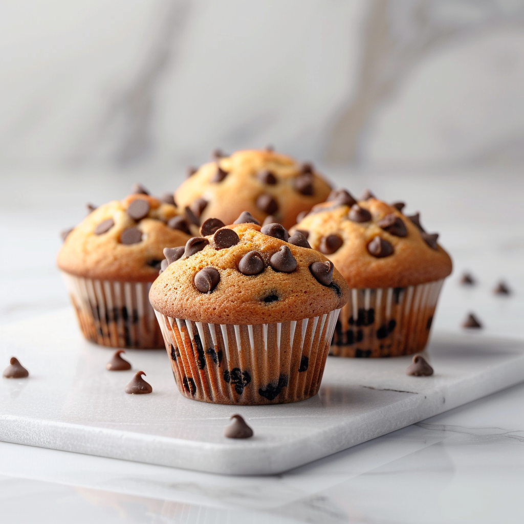 A close-up view of moist banana chocolate chip muffins on a marble countertop.