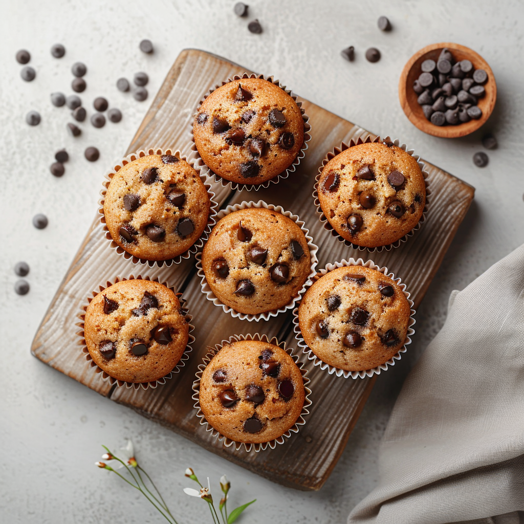 A flatlay of moist banana chocolate chip muffins on a light wooden board.