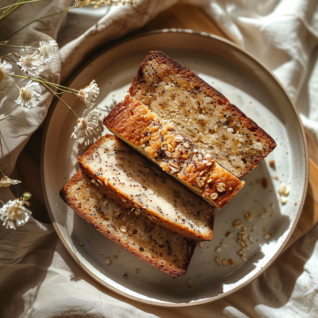Top-down view of moist banana bread on a light grey plate, surrounded by natural light.