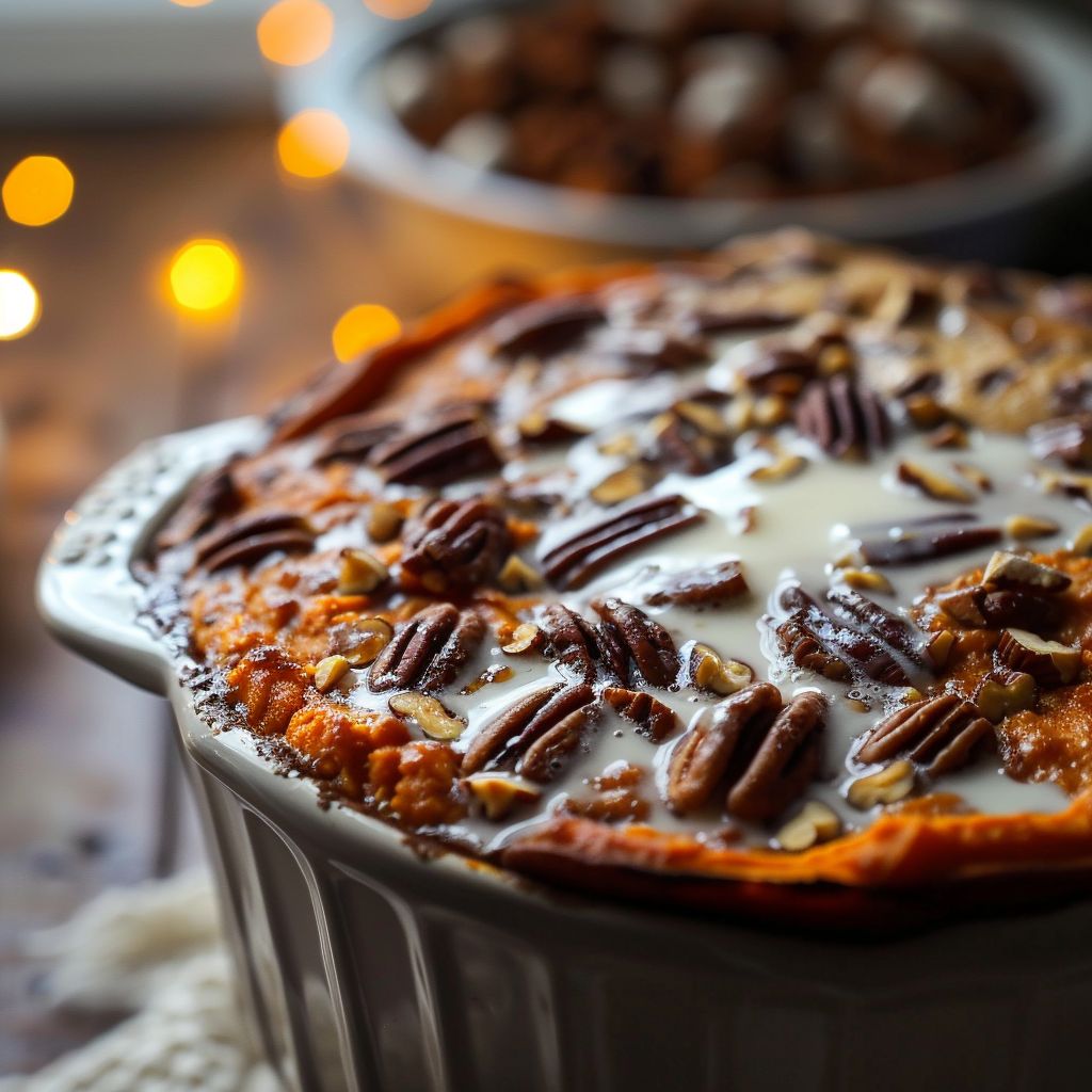 Close-up shot of a fluffy Sweet Potato Soufflé topped with mini marshmallows.