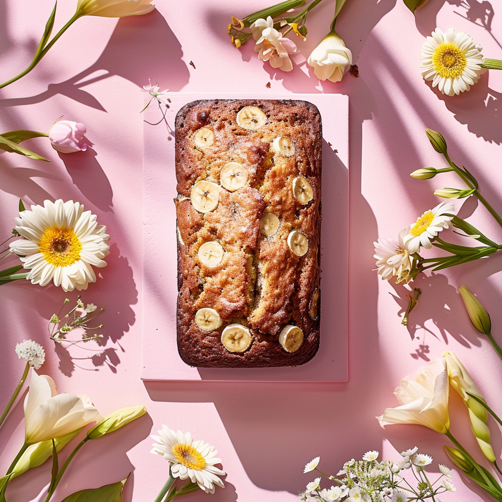 A top-down view of moist banana bread on a pale pink surface, styled elegantly with bright natural lighting.