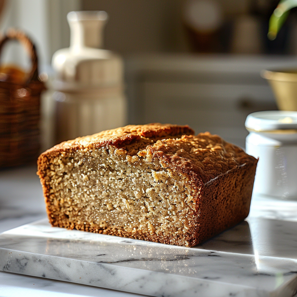 Close-up of a slice of banana bread with a glossy texture, on a white marble countertop.