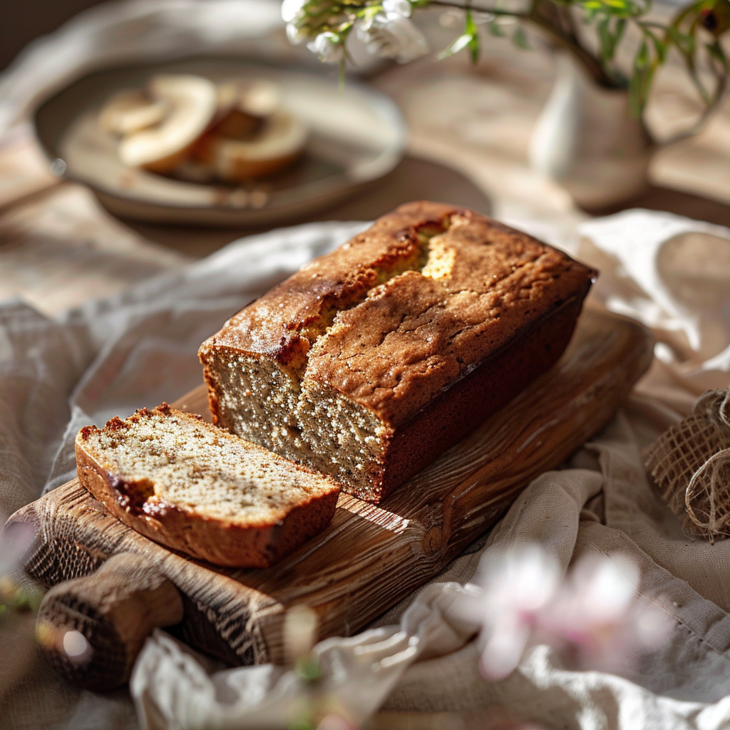 Top-down view of a slice of mayo banana bread on a pale pink surface, illuminated by natural light.