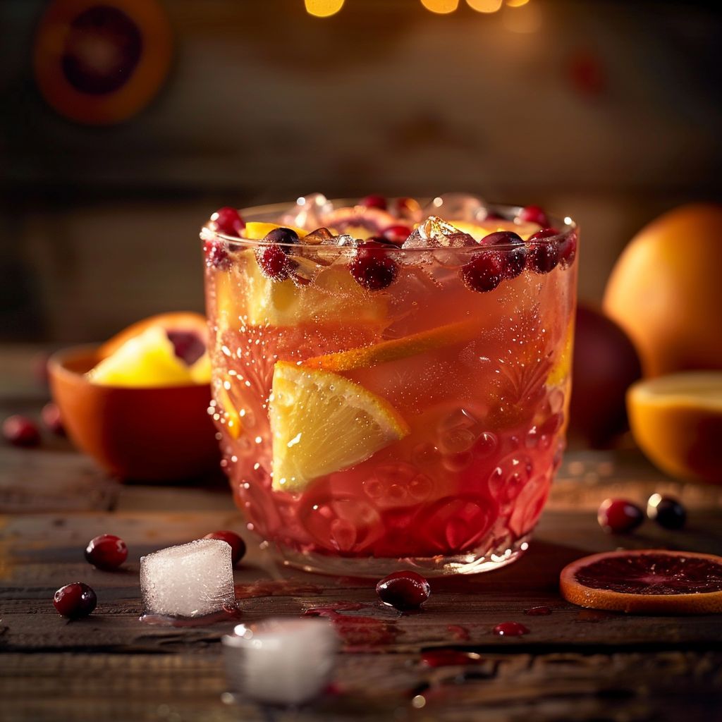 A close-up of a colorful Holiday Punch served in a clear glass, garnished with fresh fruit slices.