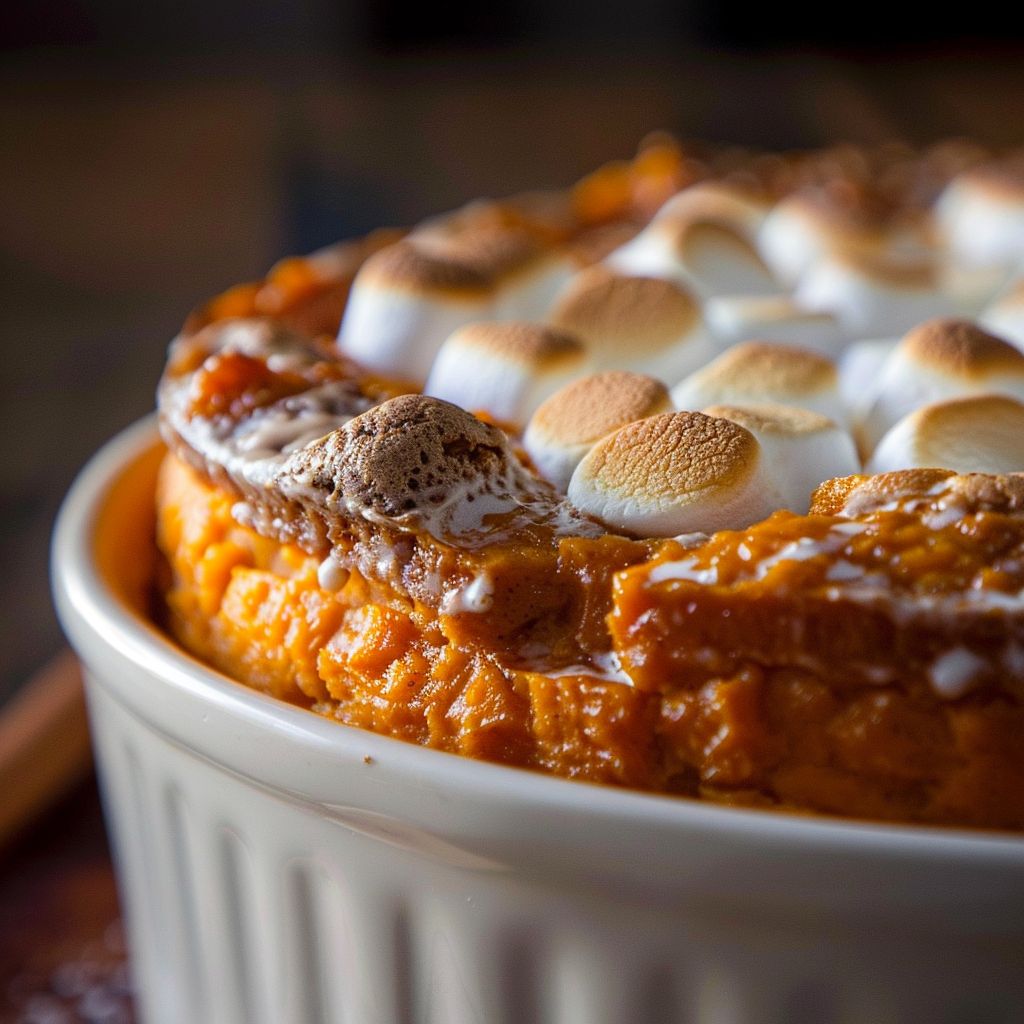 Close-up shot of a golden-brown Sweet Potato Soufflé topped with mini marshmallows, illuminated by warm natural light.