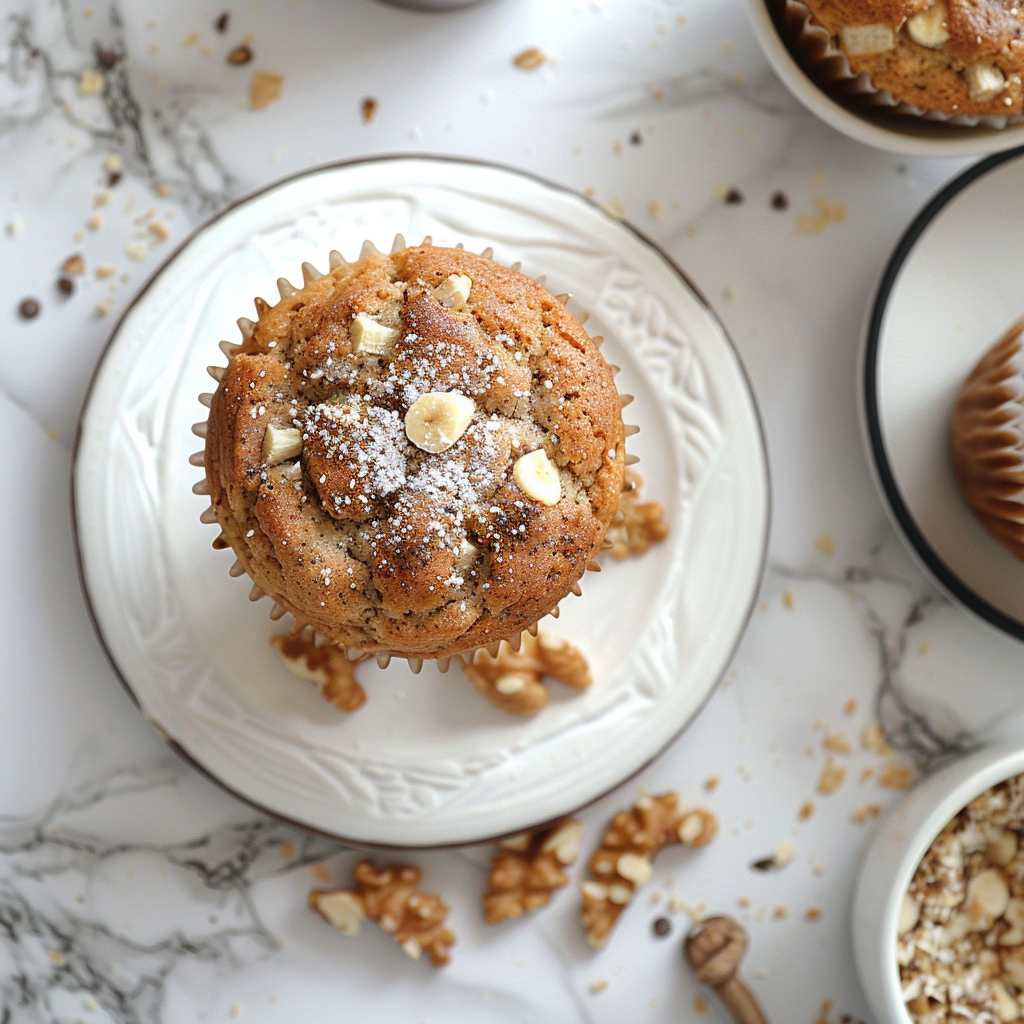 Top-down view of two banana bread muffins on a white marble countertop, elegantly styled.