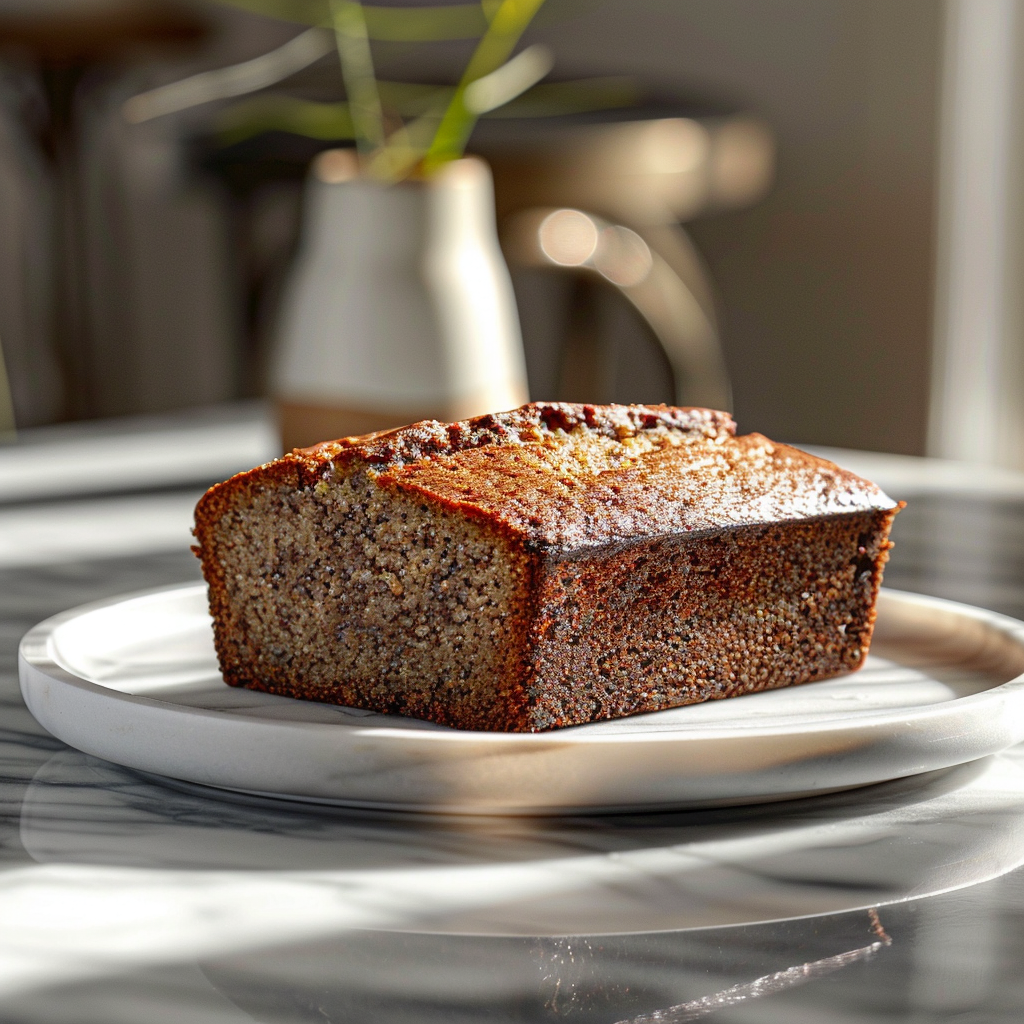 A slice of gluten-free banana bread on a white marble countertop.