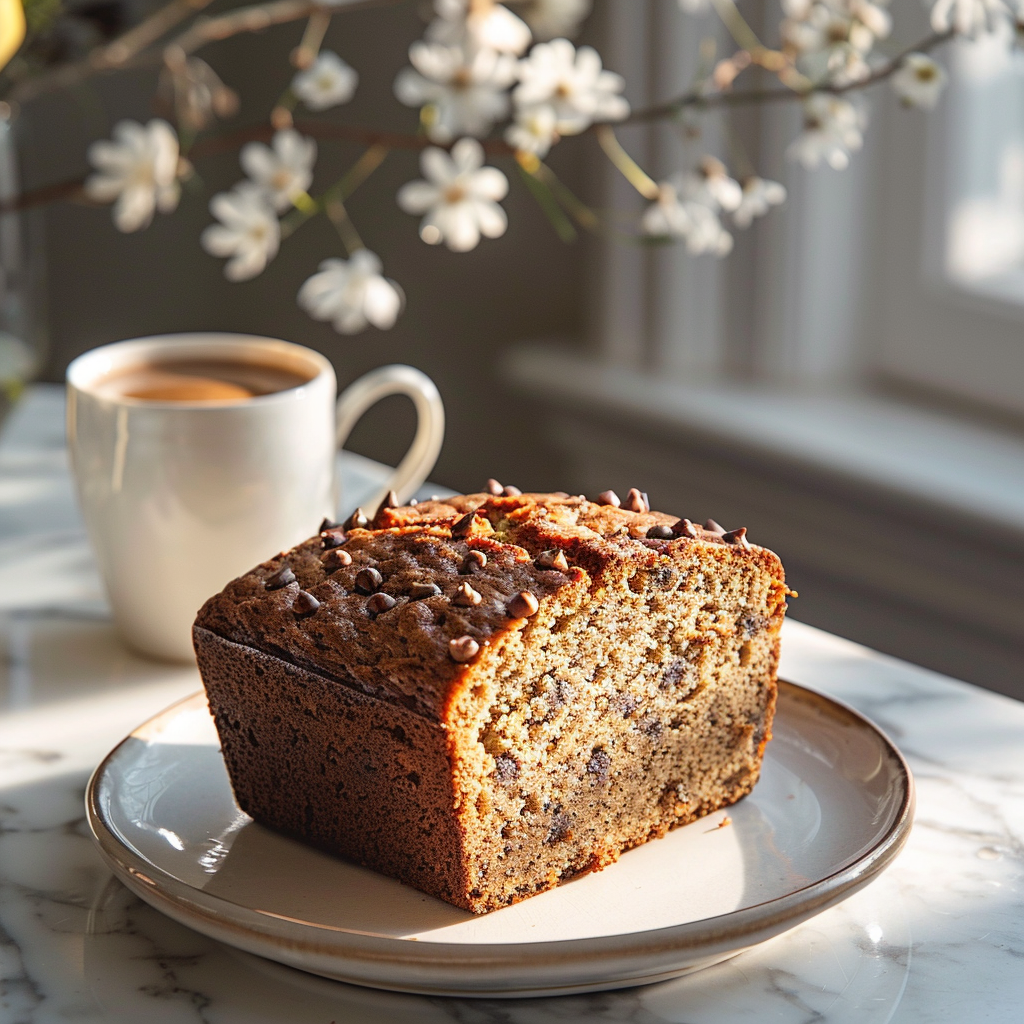 Close-up of a slice of moist banana bread on a marble countertop with soft lighting.