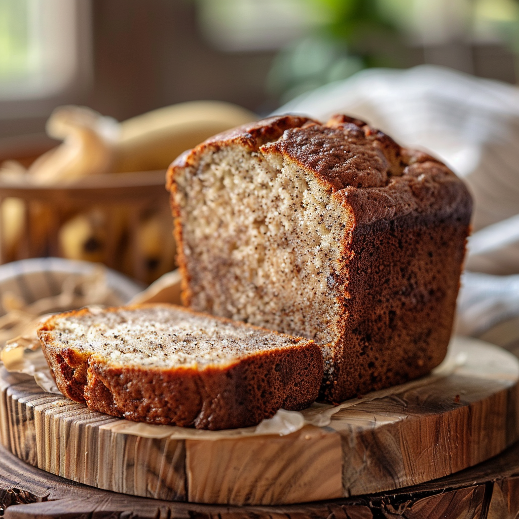 Close-up of a slice of moist banana bread on a light wooden board, bathed in soft natural light.