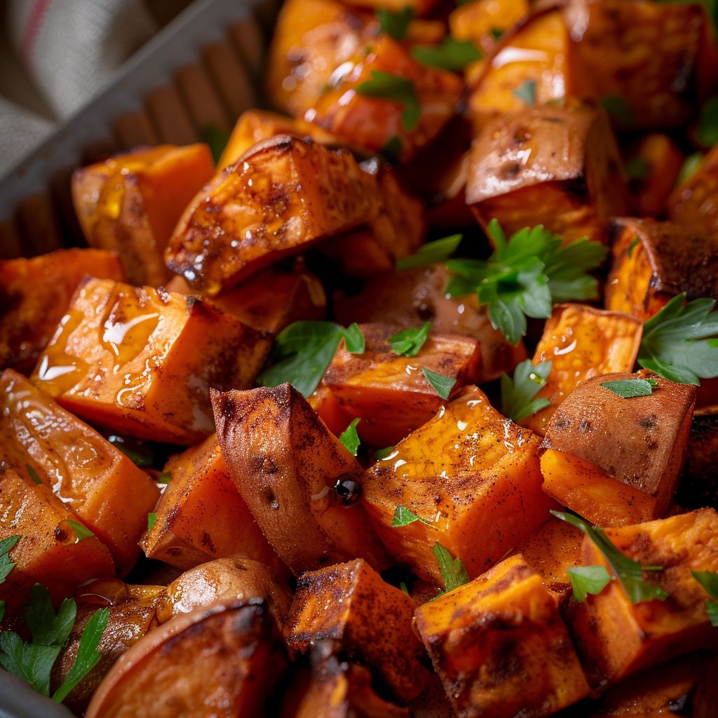 Close-up shot of roasted sweet potato cubes drizzled with honey and sprinkled with cinnamon, set against a blurred background.