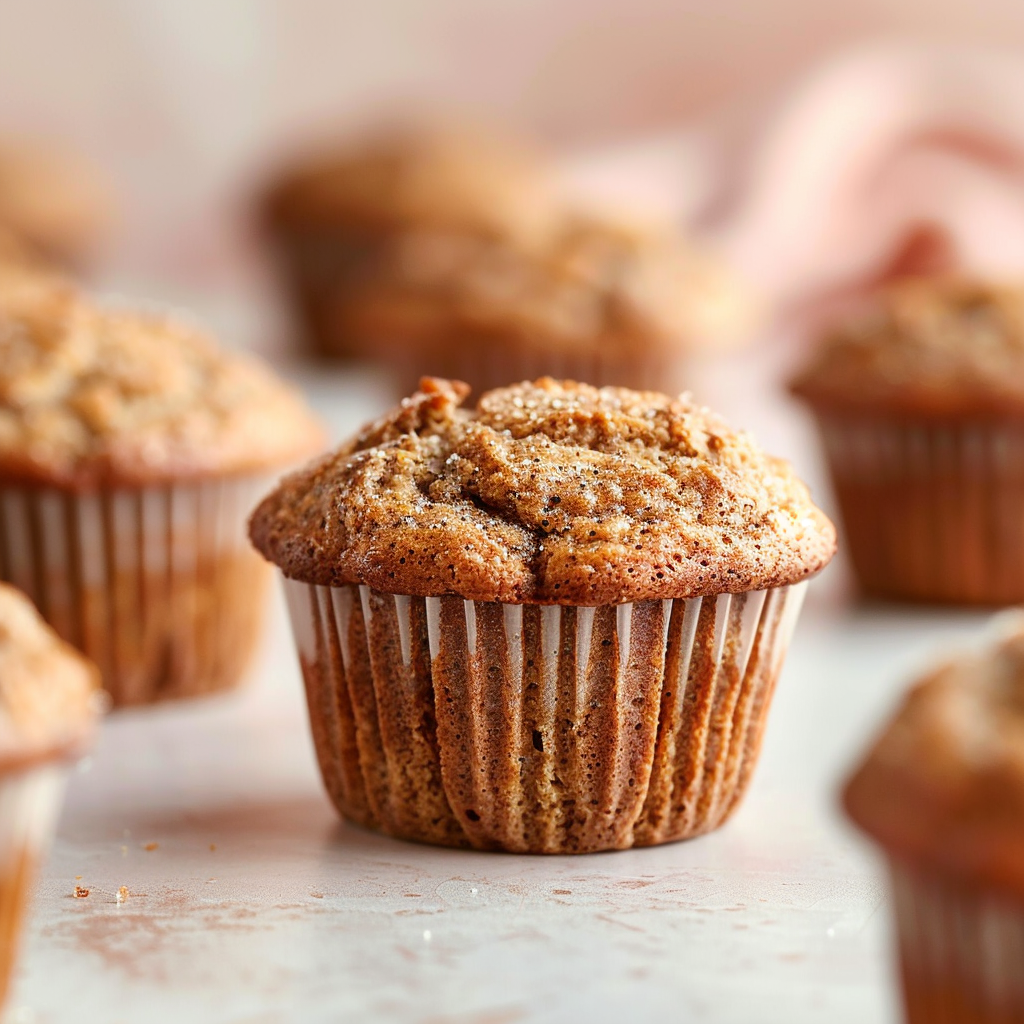 Close-up view of freshly baked banana bread muffins on a pale pink surface.