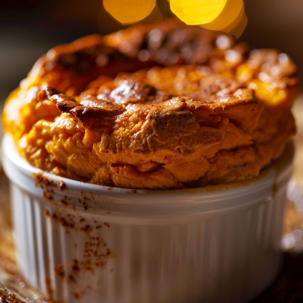 Close-up of a warm sweet potato soufflé with a golden-brown crust and creamy texture.