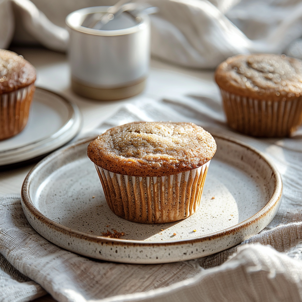 A top-down view of moist banana muffins arranged on a light grey ceramic plate.