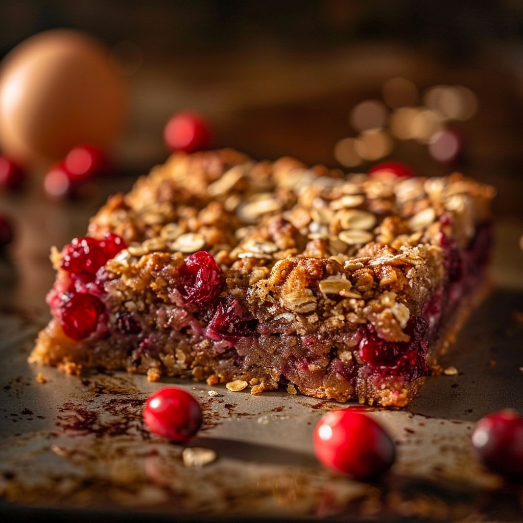 Close-up of moist cranberry bars, showcasing their texture and rich red cranberries.