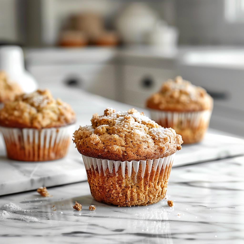 Close-up of moist banana muffins on a white marble countertop with natural light.