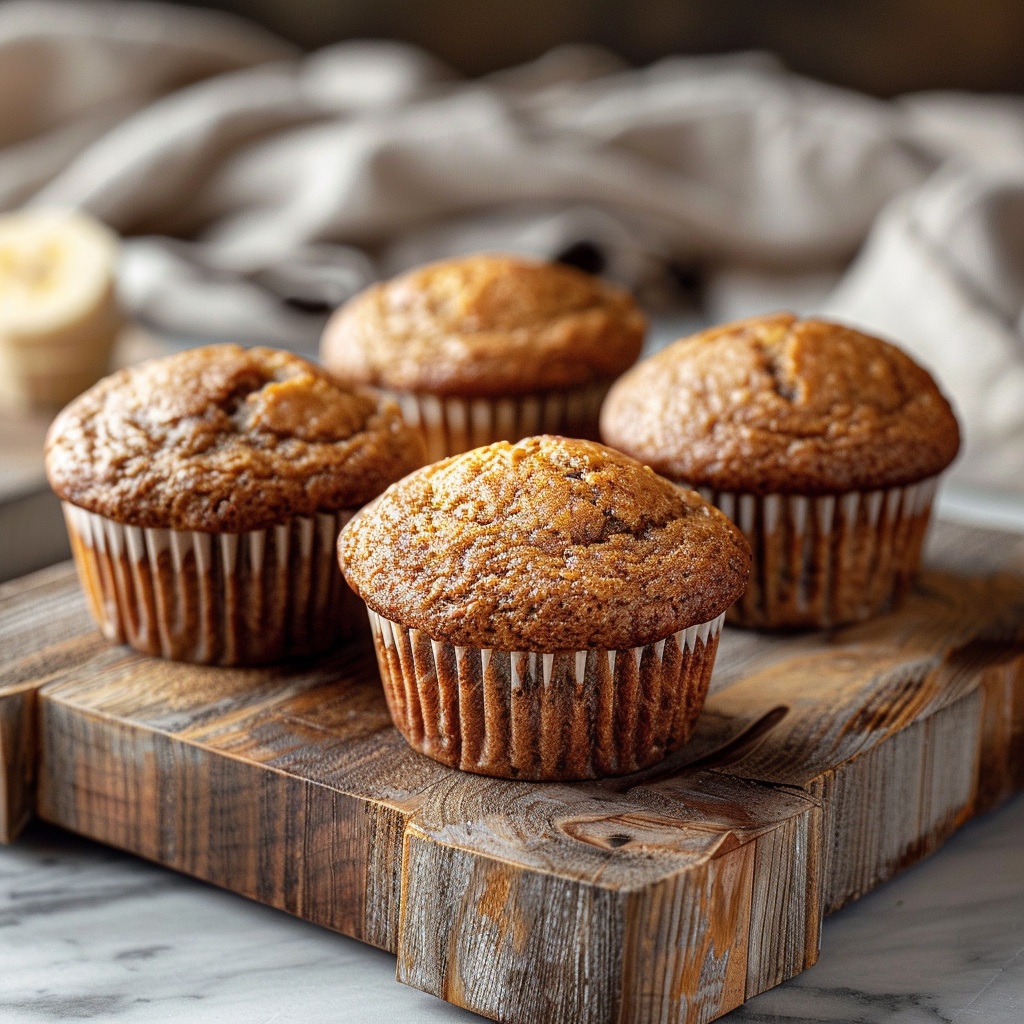 Close-up of moist banana muffins elegantly arranged on a light-washed wooden board.