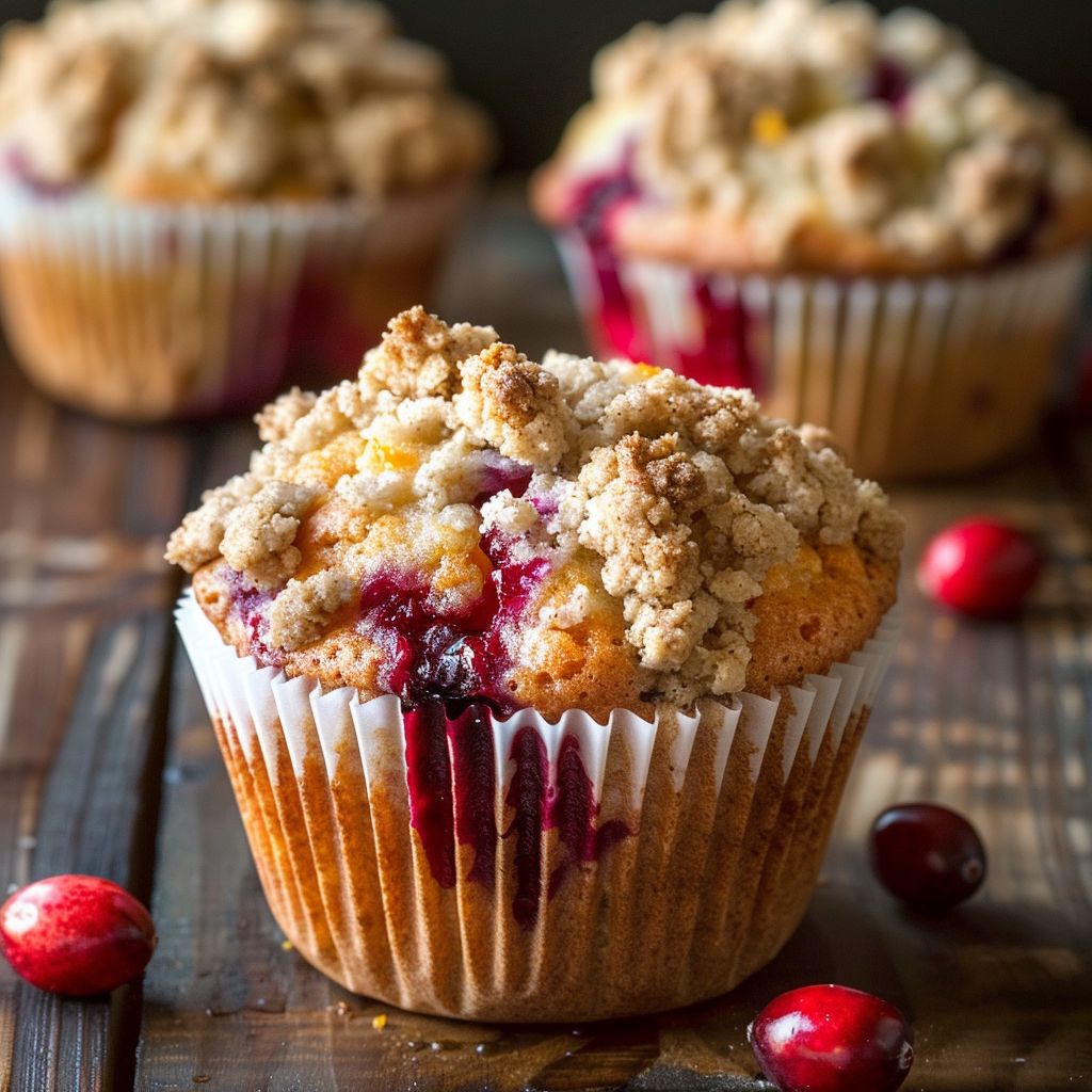 Close-up of a Cranberry Orange Muffin with a streusel topping, showcasing its texture.
