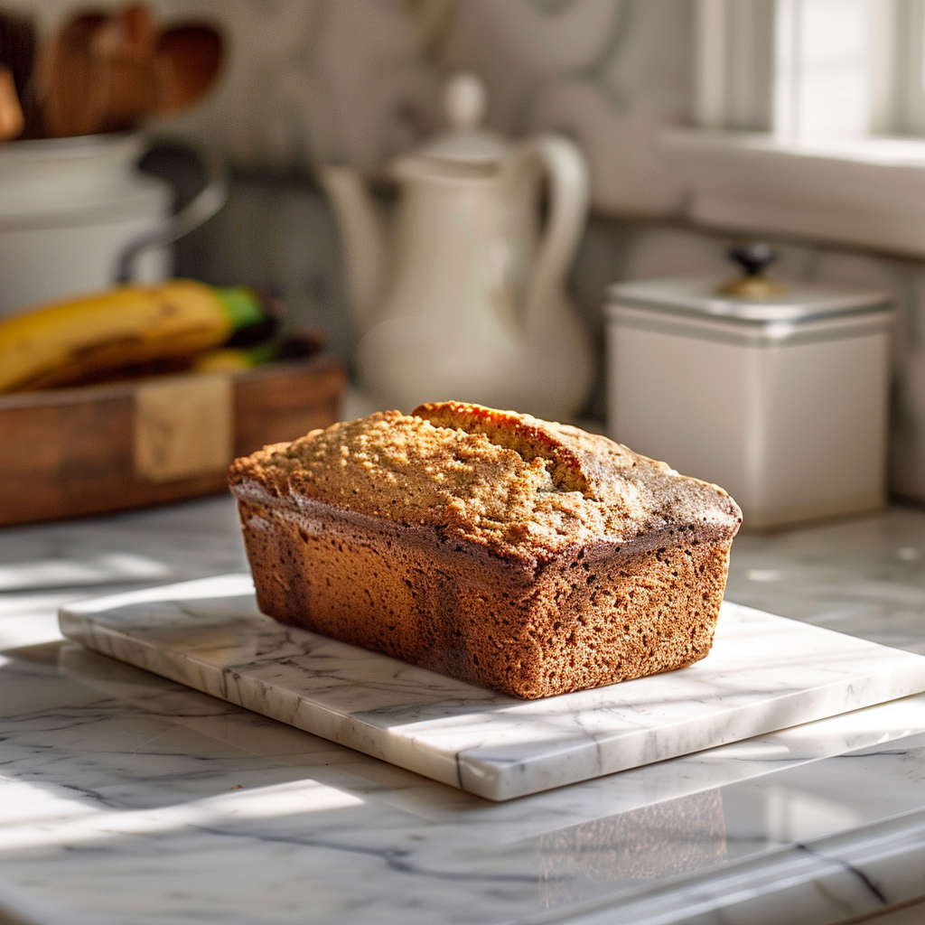 A slice of 3-ingredient banana bread on a marble countertop, illuminated by natural light.