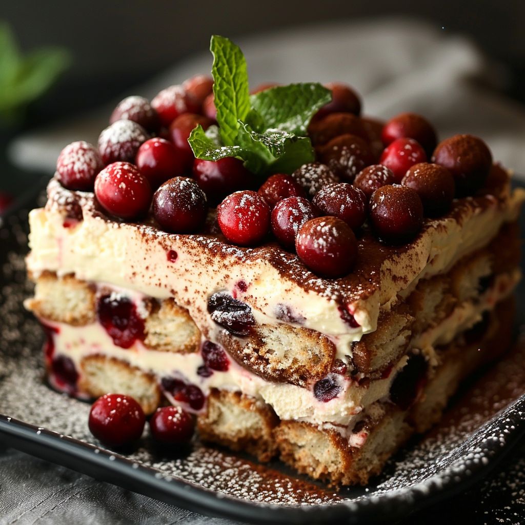 Close-up of a Luxe Cranberry Tiramisu in a glass dish, showcasing layers of mascarpone and cranberries.