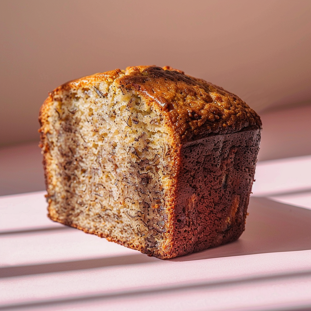 A close-up view of a slice of banana bread on a pale pink surface, showcasing its golden-brown crust and soft texture.