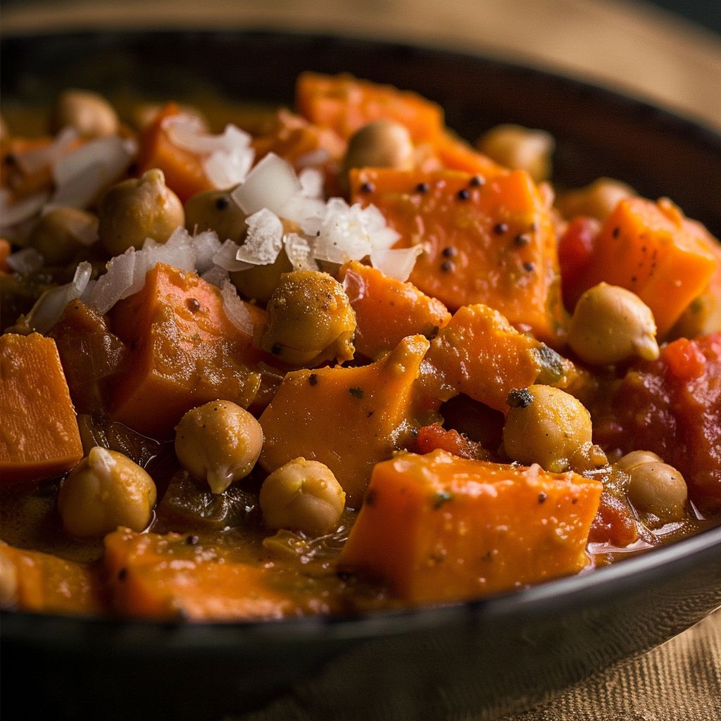 Close-up of vibrant sweet potato curry in a bowl with a creamy texture and garnishes.