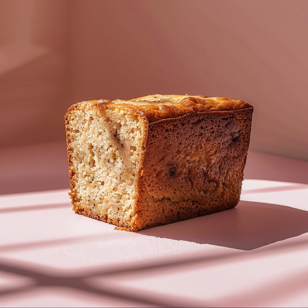 Close-up of a slice of 4 ingredient banana bread on a pale pink surface, beautifully styled with natural light.