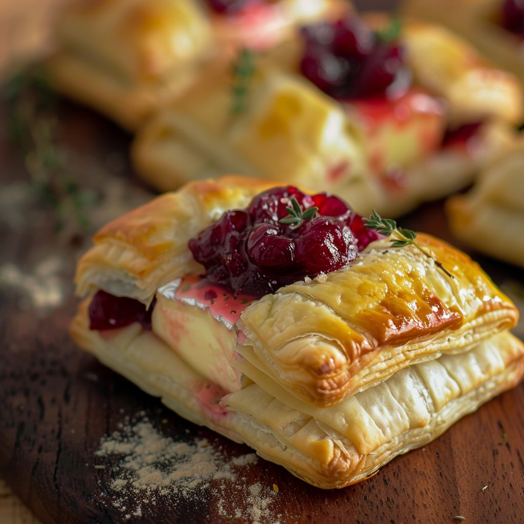 Close-up shot of golden-brown Cranberry Brie Bites on a rustic wooden surface, garnished with fresh herbs.