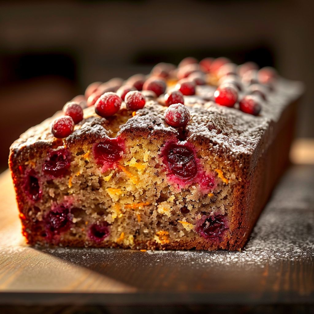 Close-up of a moist Cranberry Orange Loaf with a golden-brown crust and visible cranberries.