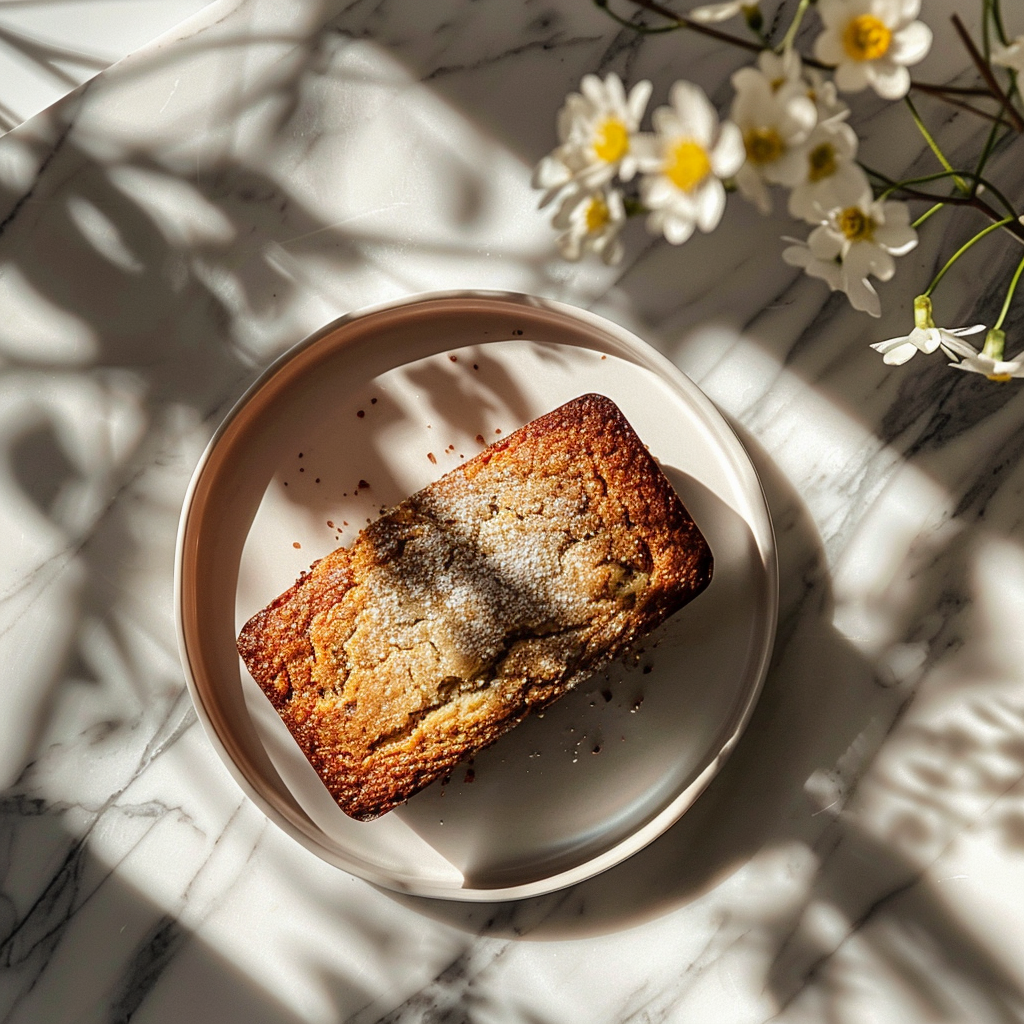 Top-down view of a slice of banana bread on a marble countertop, showcasing its golden-brown crust and soft texture.