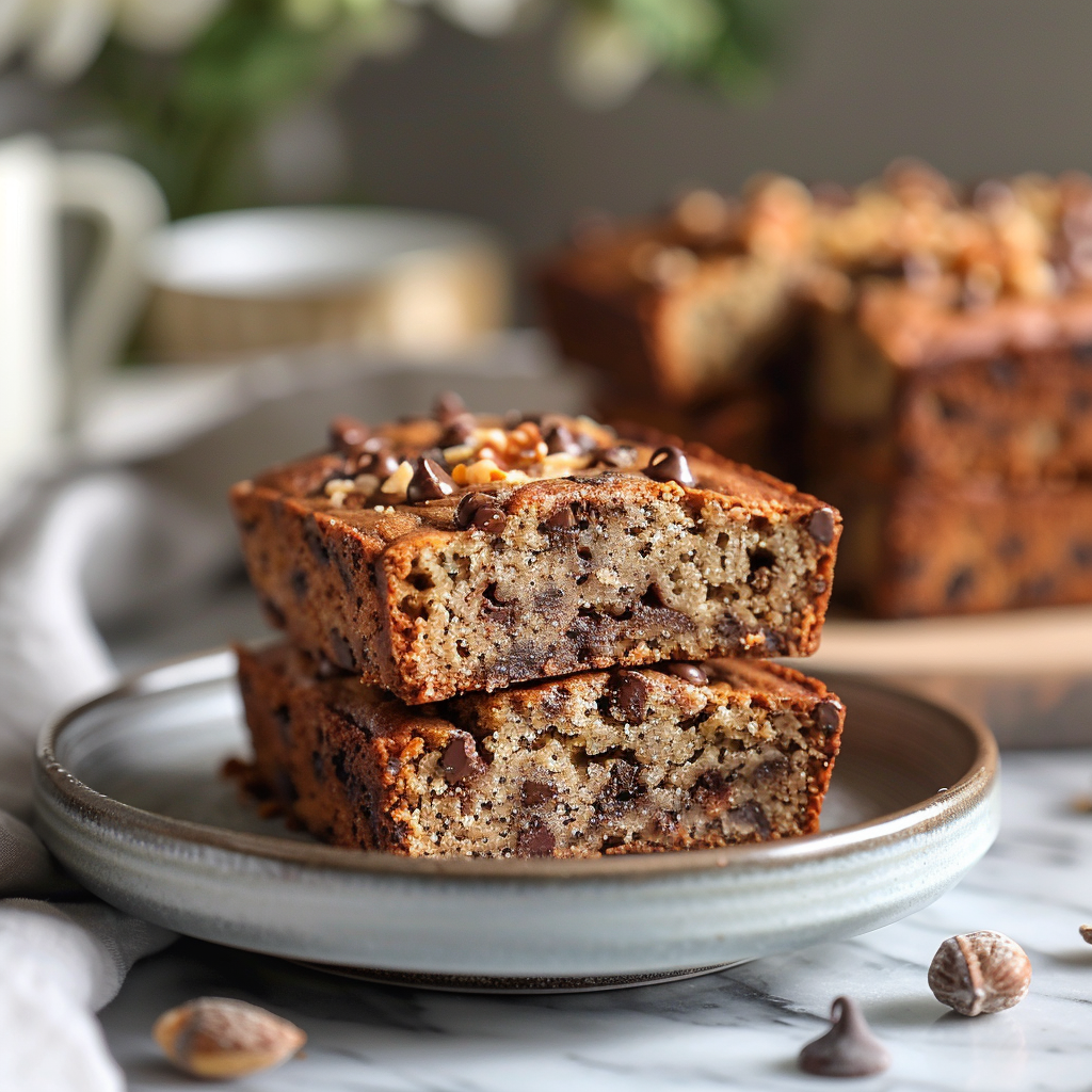 Close-up of a slice of chocolate chip banana nut bread on a light grey plate.